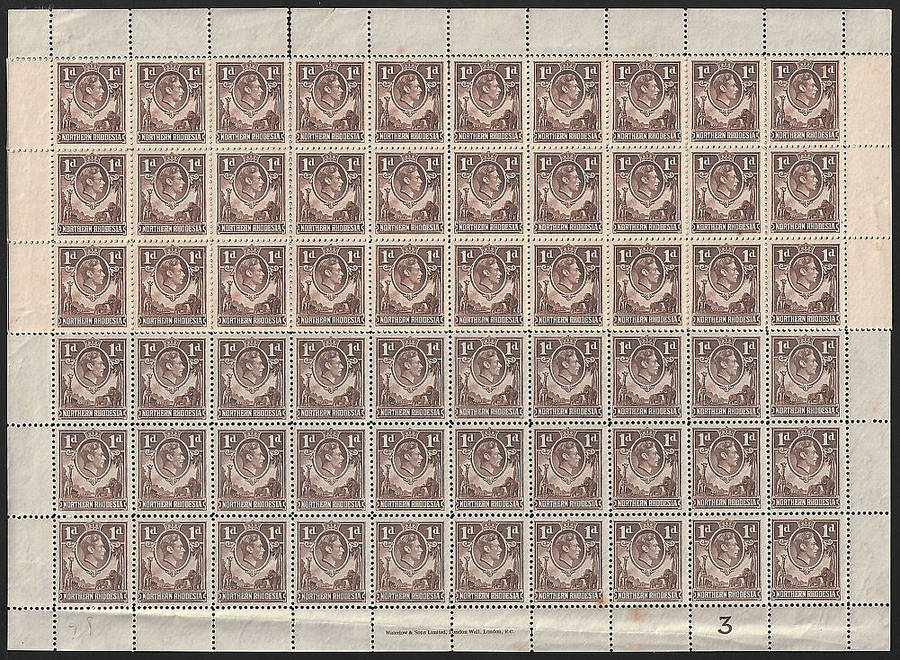 NORTHERN RHODESIA 1938 KGVI 1d BROWN PLATE 3 COMPLETE SHEET OF 120 MNH. SEE DESCRIPTION