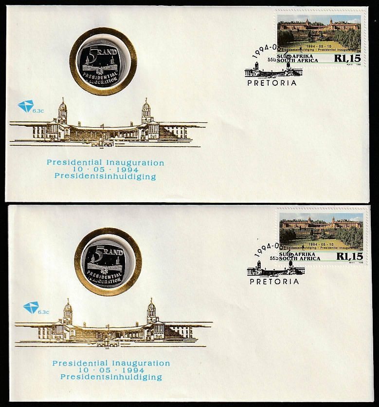 SOUTH AFRICA 1994 PRESIDENT MANDELA INAUGURATION TWO COVERS WITH R5 COINS. VERY FINE