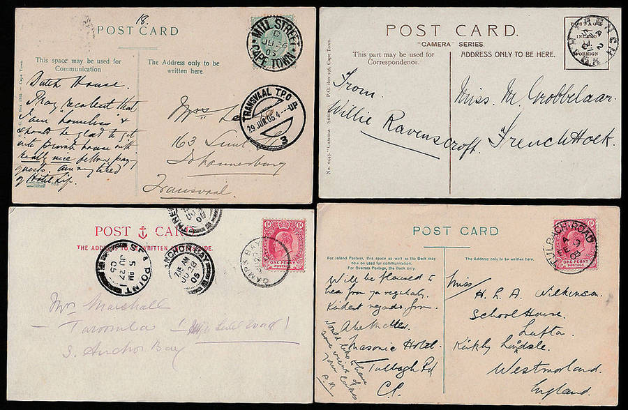 CGH EARLY 1900 SELECTION OF 4 POSTCARDS WITH FINE CANCELS INCL TRANSVAAL T.P.O. TRANSIT.