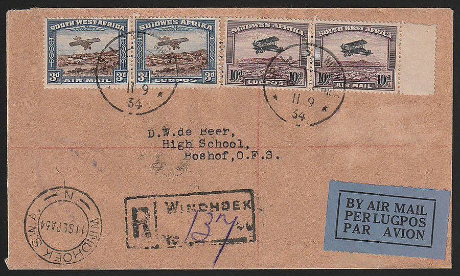 S W A 1934 COVER WITH 1931 AIRMAILS SET IN PAIRS ON REGIST COVER FROM WINDHOEK TO BOSHOF O.F.S.