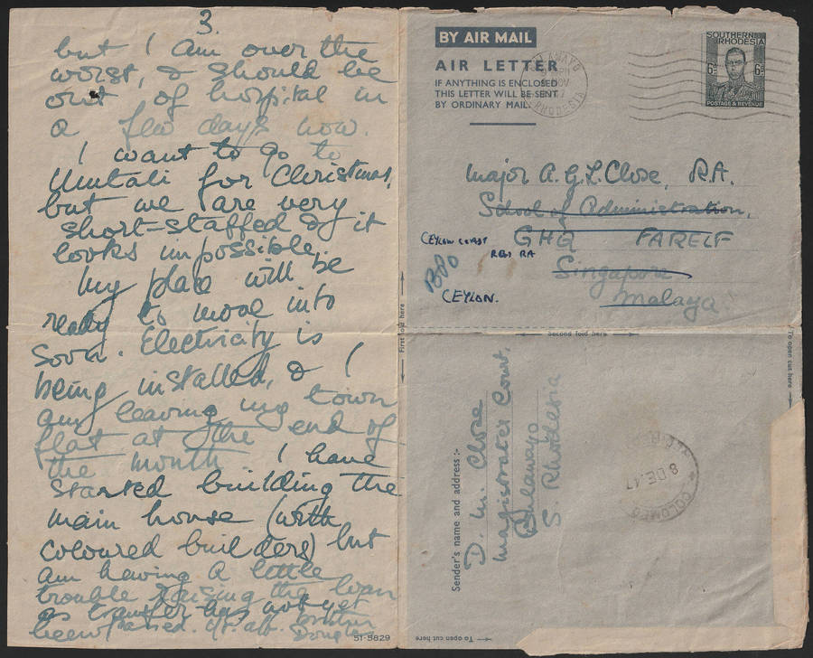 Southern Rhodesia 1947 THE VERY SCARCE 6d EMERGENCY AIR LETTER FROM BULAWAYO TO SINGAPORE AND CEYLON