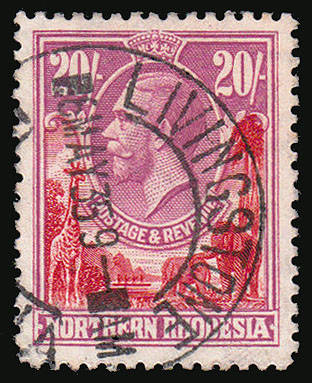 NORTHERN RHODESIA 1925 KGV 20s VERY FINE USED WITH LIVINGSTONE POSTMARK. SACC 20 CAT R3500. SEE DESC