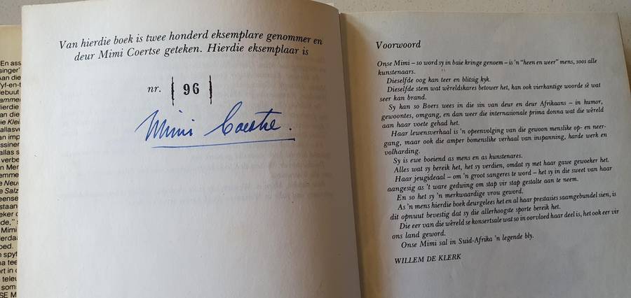 Onse Mimi by Wouter de Wet, hard cover, first edition nr.96 of 200 - signed by Mimi Coertse