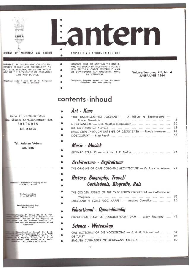 Lantern Journal / Tydskrif vir kennis en kultuur, A Tribute to Shakespeare, Ons rotskuns, etc..
