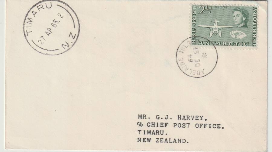 British Antarctic Territory 1965 2 1/2d on Adelaide Island cover to New Zealand