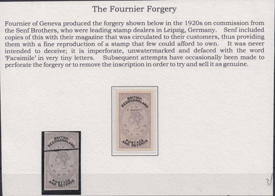 Bechuanaland 1887 QV £5 Fournier forgery imperforate including extra copy with line cancel