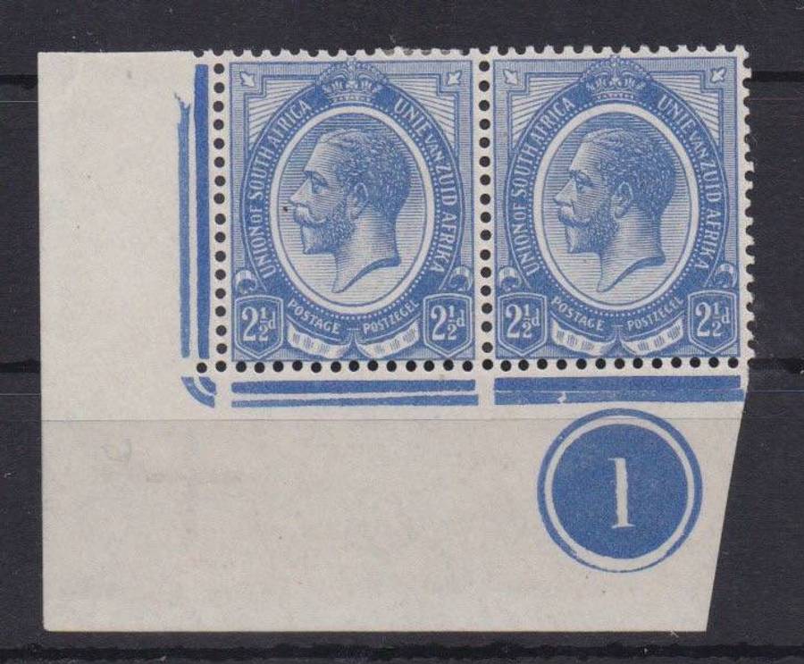 South Africa 1913 KGV 2 1/2d control 1 bottom left pair very fine mint