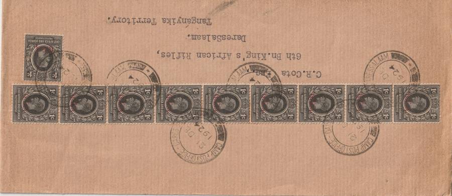 Tanganyika 1924 GEA KGV 1c x10 on local Camp Post Office Daresalaam cover very fine