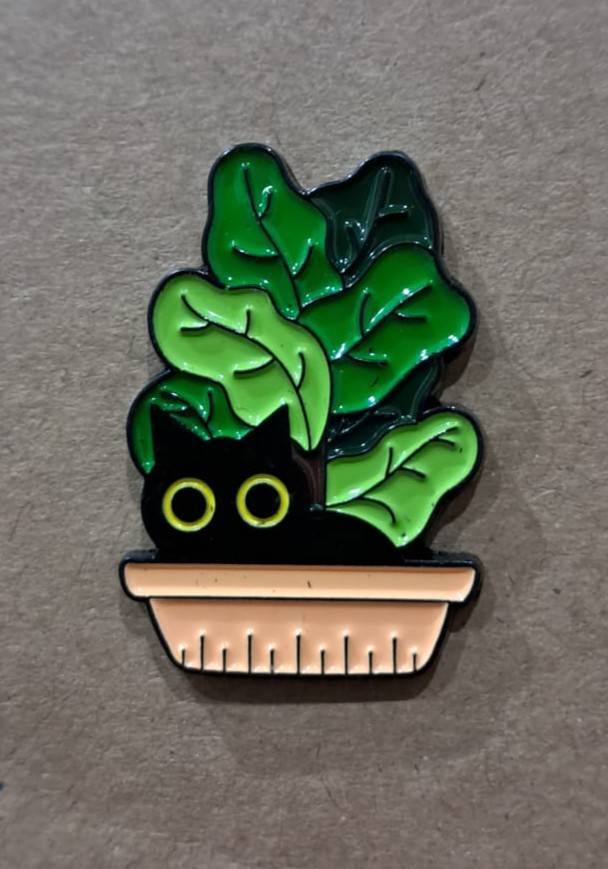 Enamel Metal Pin Badge Black Cat in Pot Plant