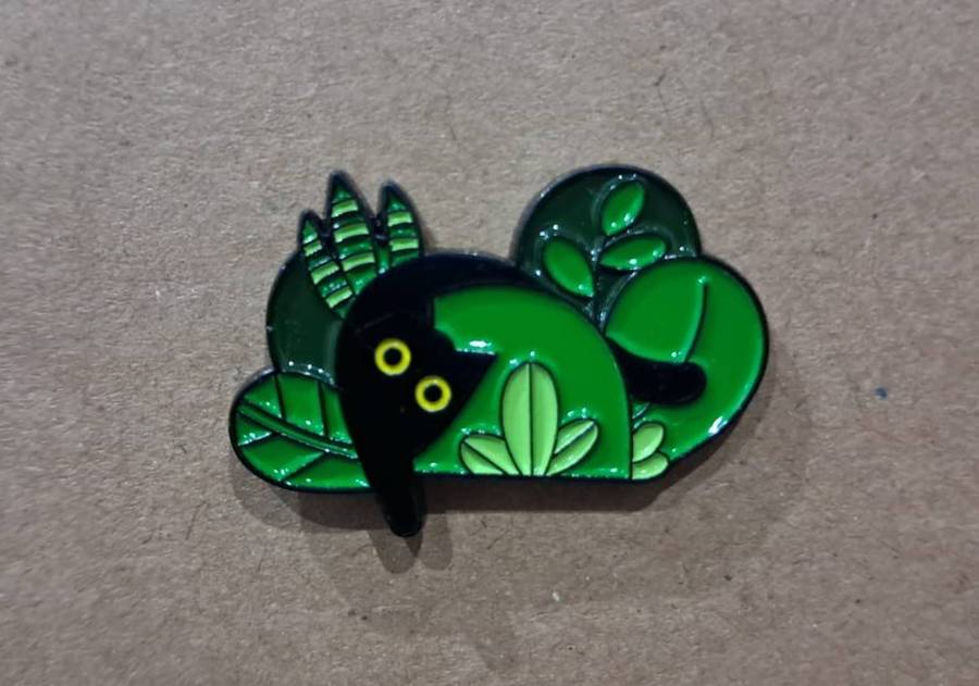 Enamel Metal Pin Badge Floppy Black Cat in Plants
