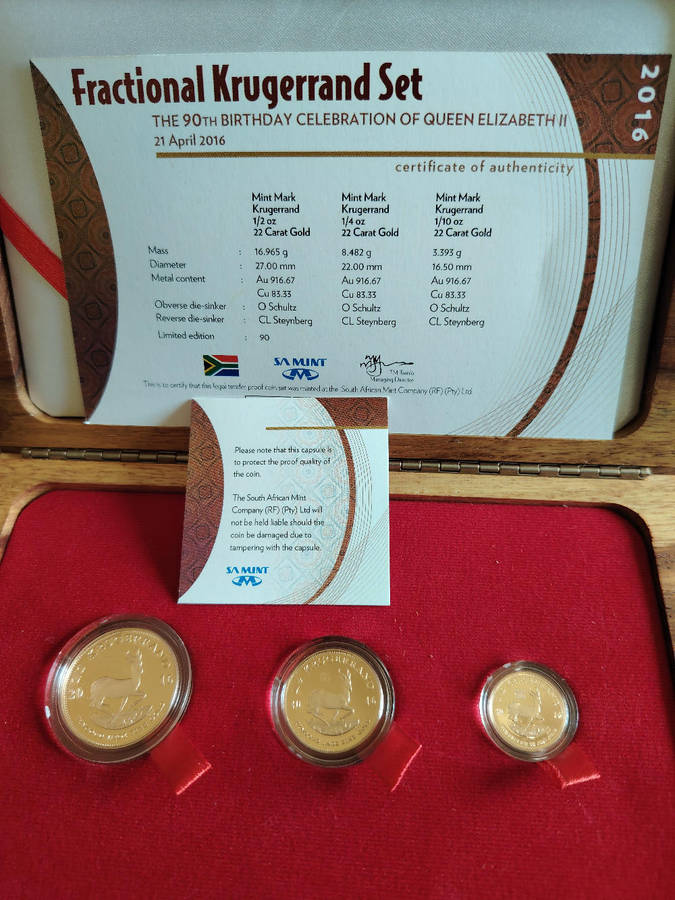 STUNNING FRACTIONAL GOLD PROOF KRUGERRAND SET COMMEMORATING QE11 90th BIRTHDAY