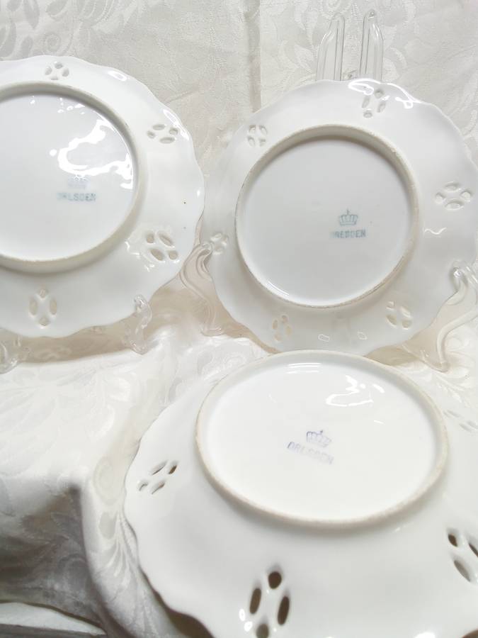 Three stunning vintage pierced porcelain plates - marked Dresden