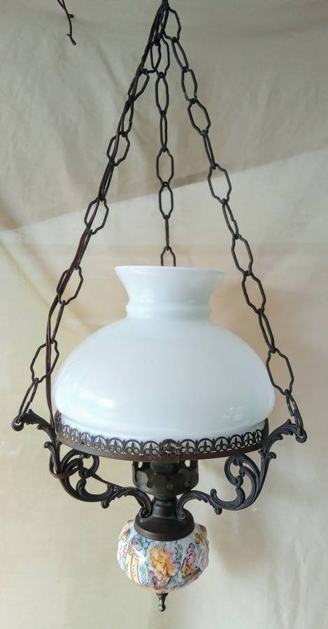 Lovely vintage ceiling light with porcelain base and milk glass shade