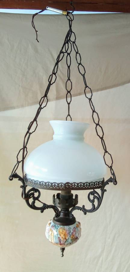 Lovely vintage ceiling light with porcelain base and milk glass shade