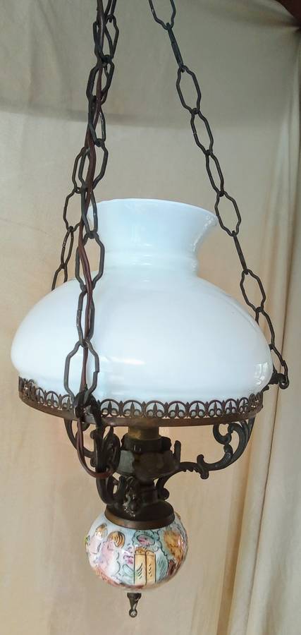Lovely vintage ceiling light with porcelain base and milk glass shade