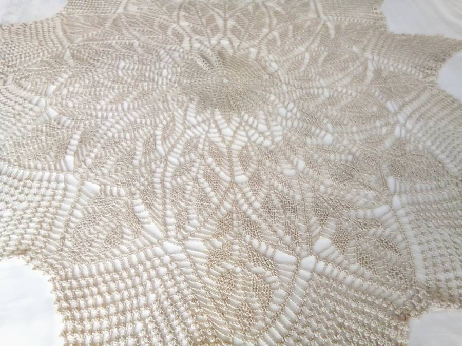 Lovely beige vintage hand crocheted round table cloth - 110cms across