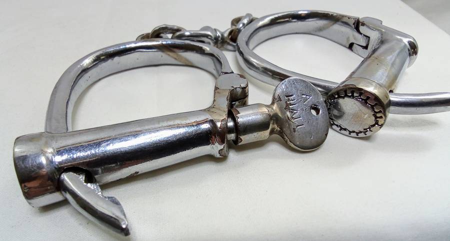 Vintage English DARBY STYLE HANDCUFFS with original key