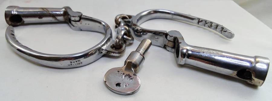 Vintage English DARBY STYLE HANDCUFFS with original key