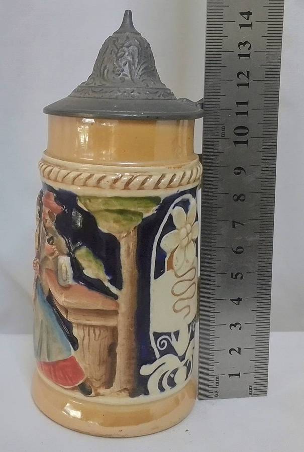 Stunning small vintage German beer stein with pewter lid