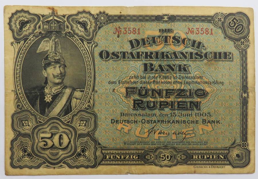 German East Africa Deutsch-Ostafrikanische Bank 50 Rupien 15.6.1905 Pick 3a(SERIAL NO on Face ONLY)