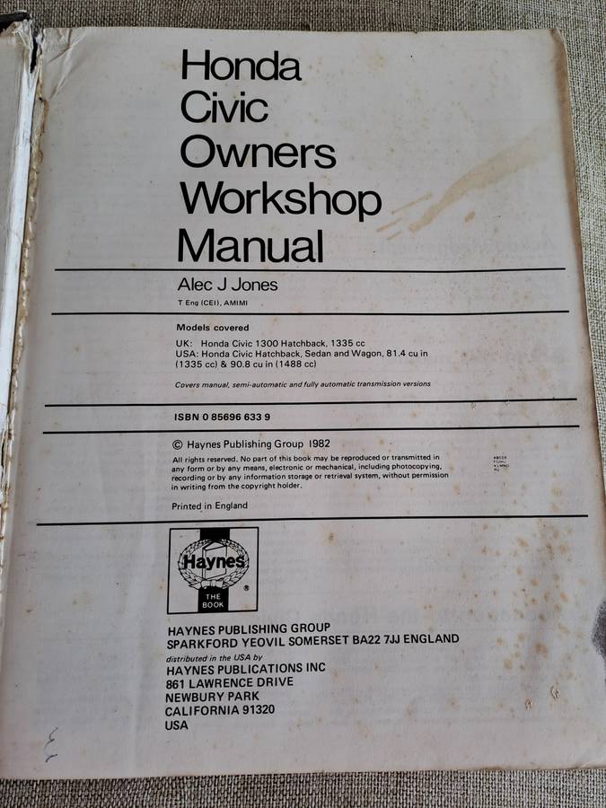 Honda Civic Owners Workshop Manual 1980 to 1981 - Haynes
