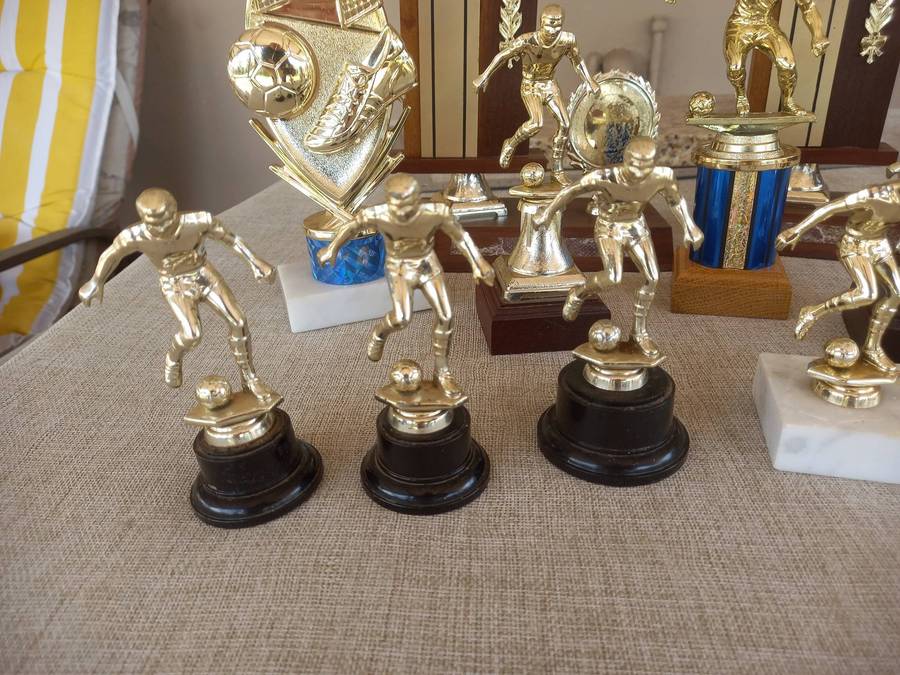 Collection of 13 soccer trophies