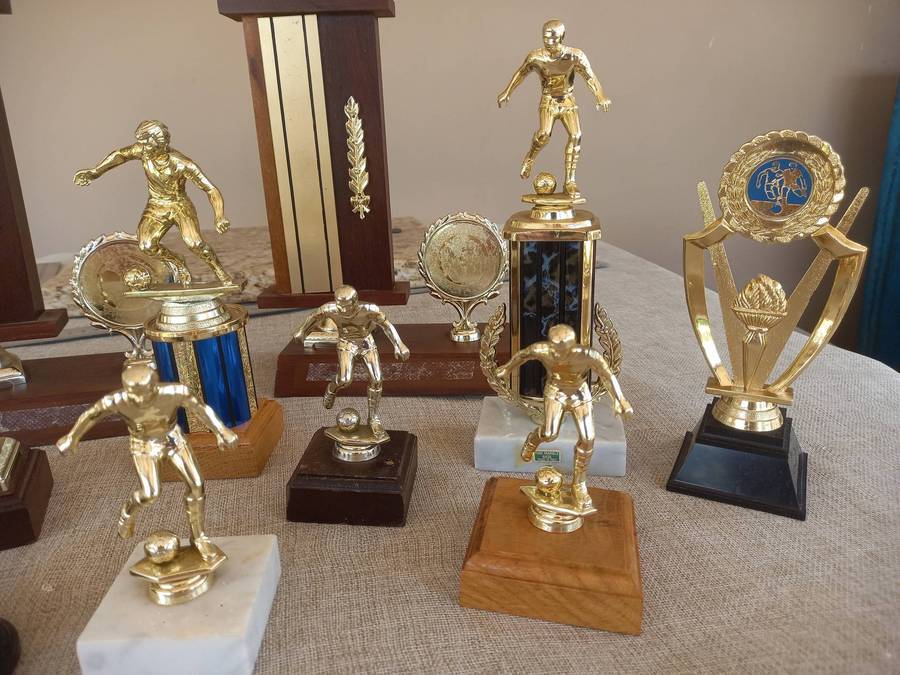 Collection of 13 soccer trophies