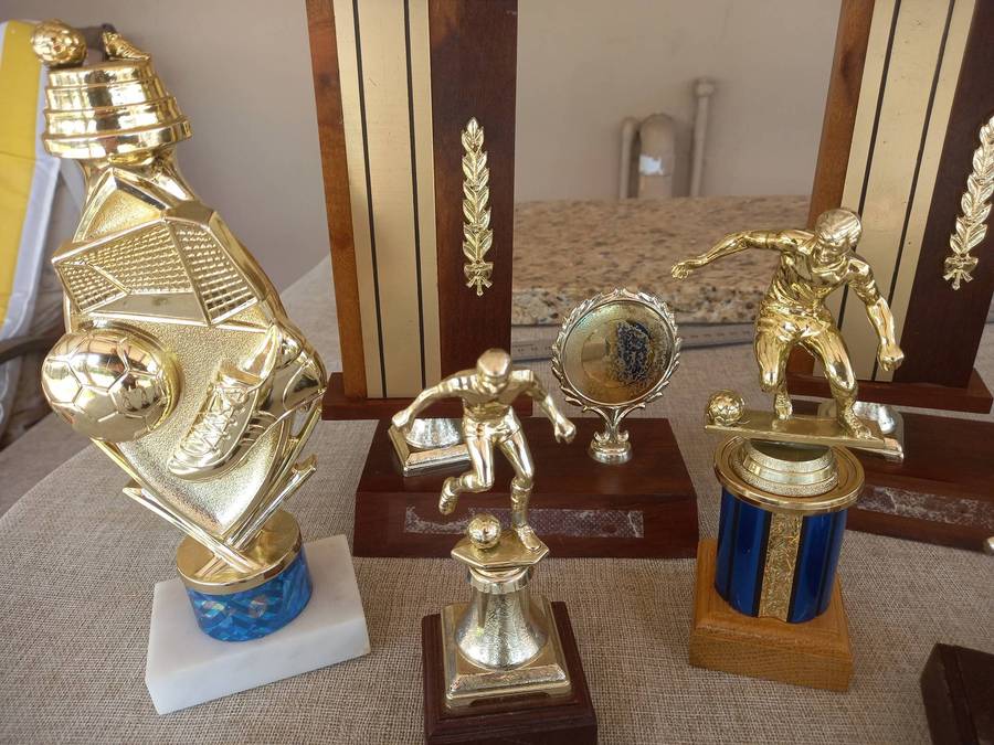 Collection of 13 soccer trophies