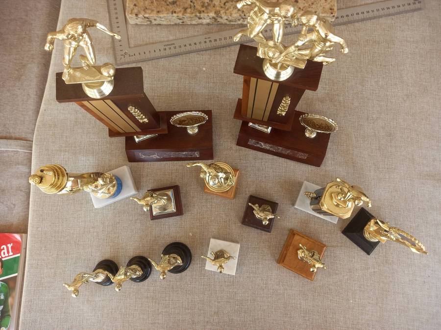 Collection of 13 soccer trophies