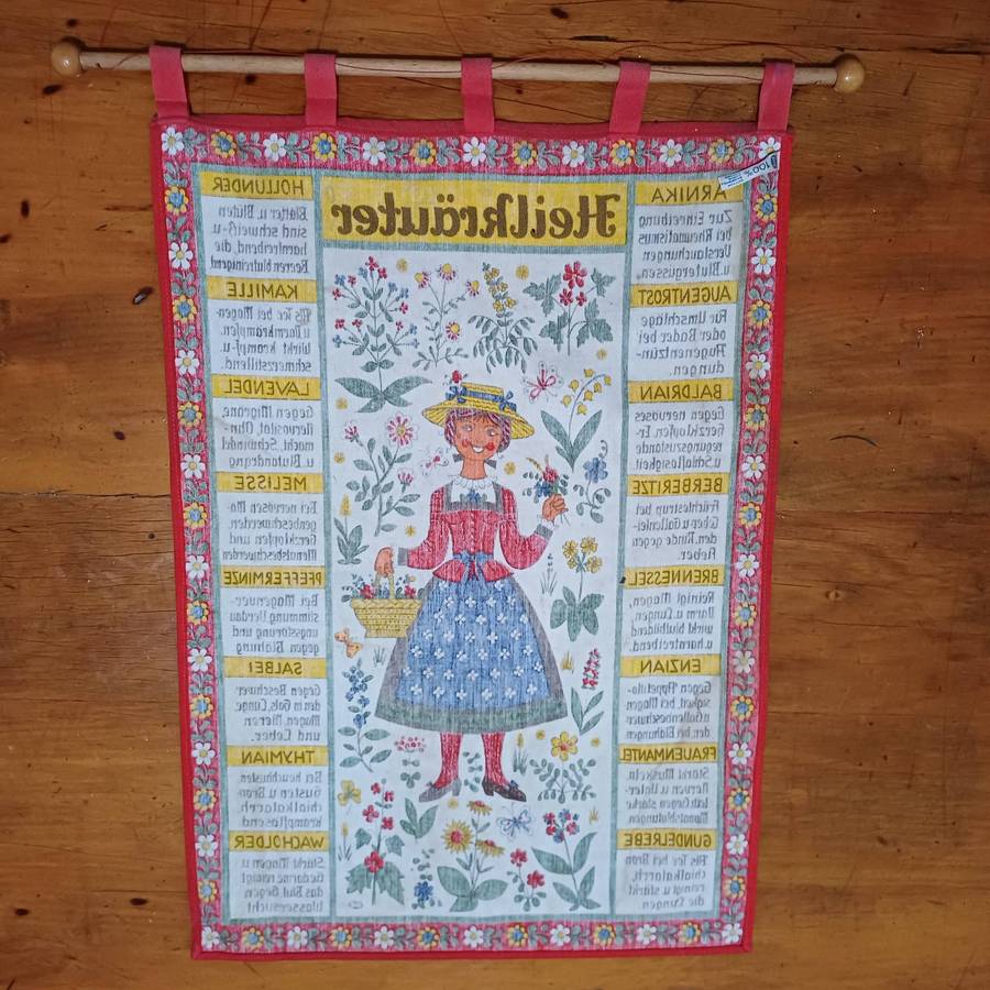 Vintage German Kolf Heilkräuter Herbal Remedies Wall Hanging  Cotton, 55x38cm with Wooden Rod
