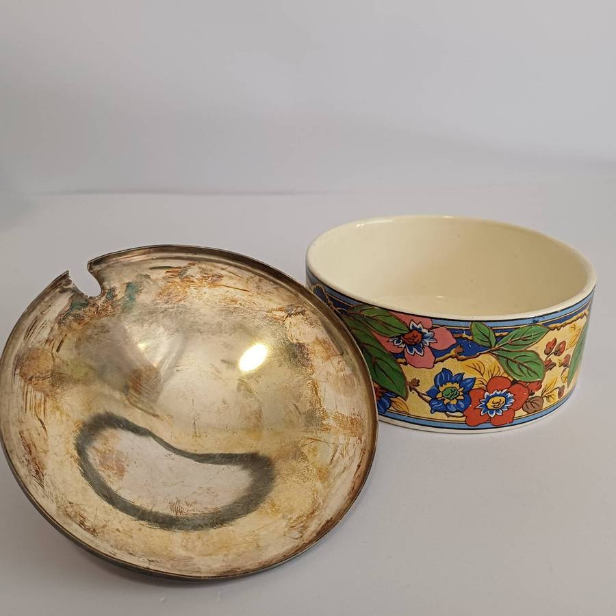 Antique Lancaster & Sons (Hanley) Shallow Jam/Honey Pot with EPNS Lid - c. 1920s Art Deco