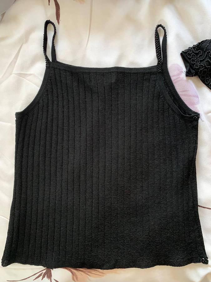 Black Ribbed Knit Camisole Top with Beaded Trim XL