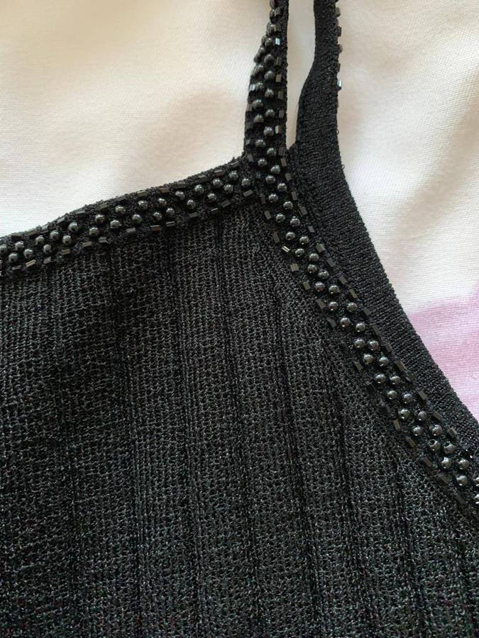 Black Ribbed Knit Camisole Top with Beaded Trim XL