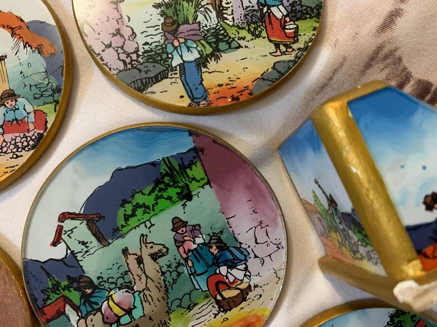 Vintage Mid-Century Reverse Painted Coasters (Folk Village Scenes) & Caddy