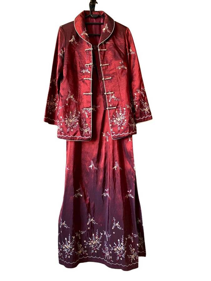 Handmade Burgundy Satin Embroidered Two-Piece Set Size M Unique Party & Event Outfit