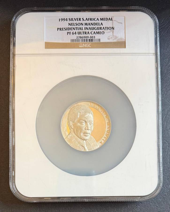 LATE ENTRY !!! Massive slabbed 5 OUNCE SILVER Proof Mandela Inauguartion Medallion