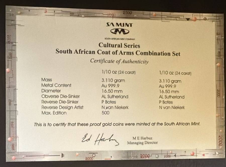 Gold R1 Proof 1/10 ounce - Xhosa Nation Coat of Arms Set -bid PER COIN -winner takes full set