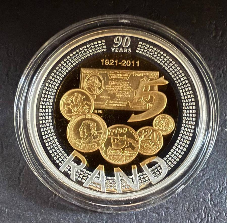 BI-COLOUR R5 Proof Crown - 2011 - SARB 90th Anniversary - in original SAM box and COA