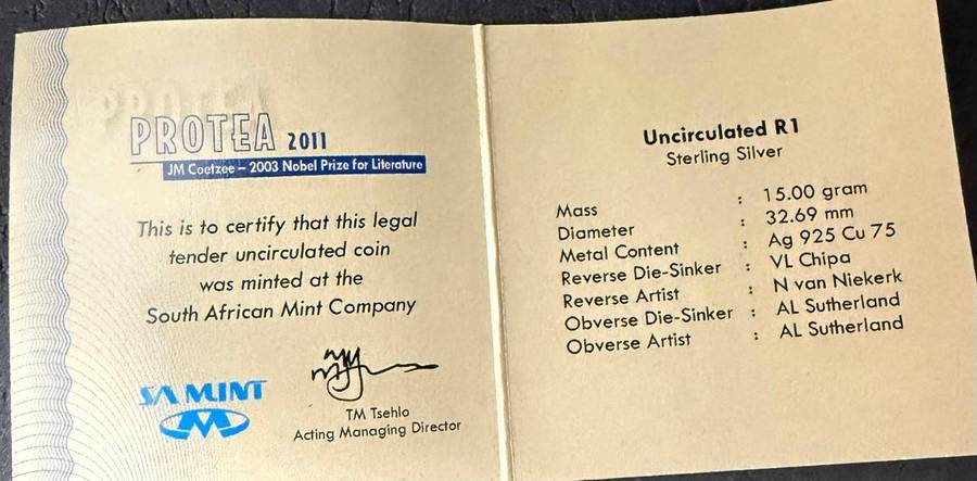 Silver R1 Unc- 2011 JM Coetzee - Nobel Laureate - in velvet SAM pouch - includes COA - 2 available