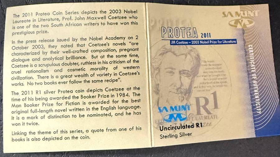 Silver R1 Unc- 2011 JM Coetzee - Nobel Laureate - in velvet SAM pouch - includes COA - 2 available