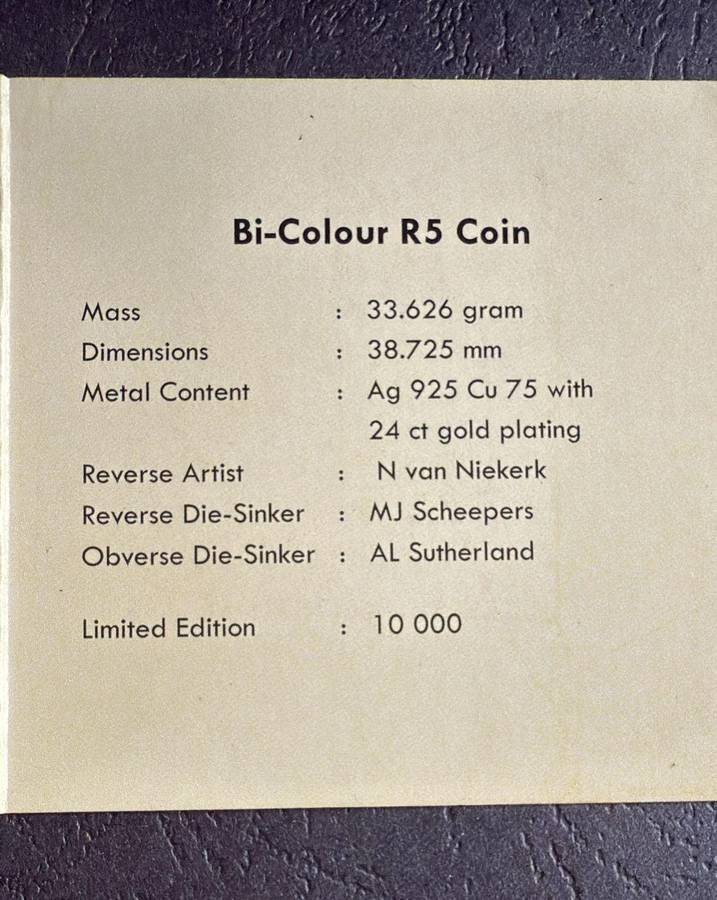 BI-COLOUR R5 Proof Crown - 2011 - SARB 90th Anniversary - in original SAM box and COA - STILL SEALED