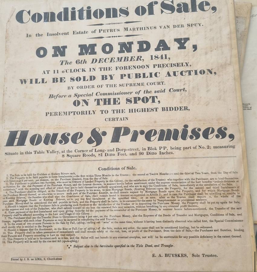 Property auction notice for  corner of Long Street Dorp Street, Cape Town property in 1841