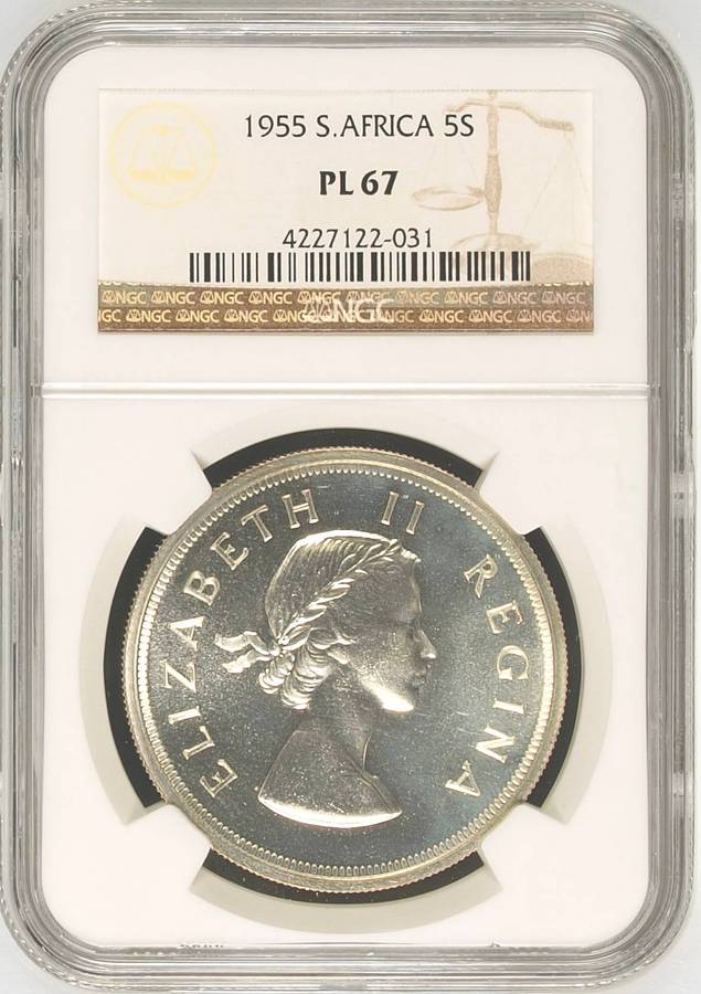 S. Africa: 1955 QEII 5 Shillings (Crown) NGC Certified PL67 (Top Pop)