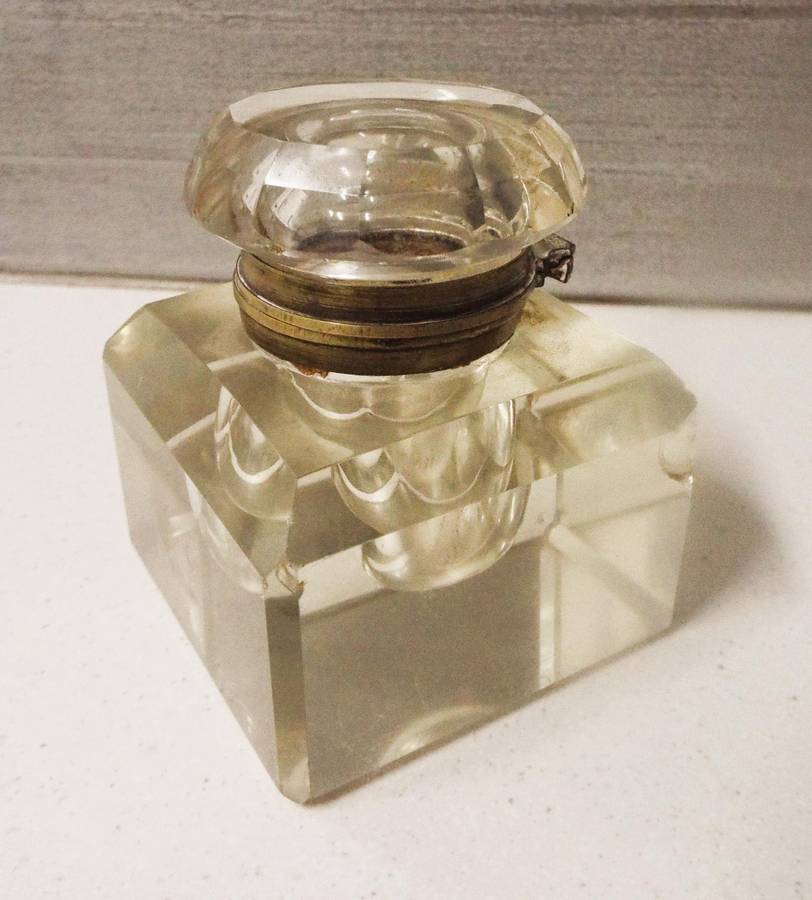 very rare Antique glass inkwell 7cm square 8.5cm tall