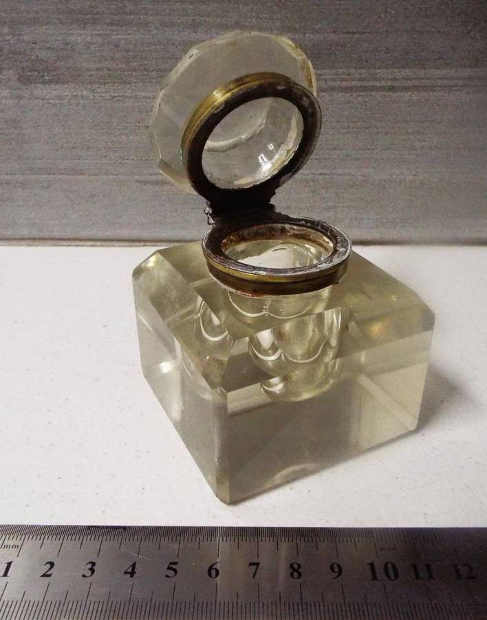 very rare Antique glass inkwell 7cm square 8.5cm tall