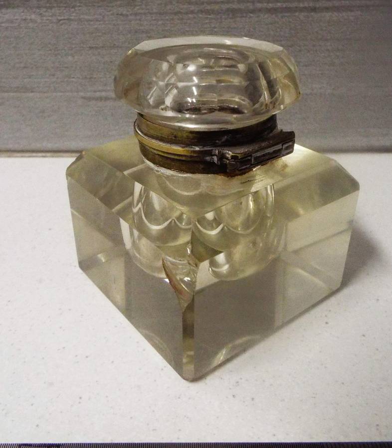 very rare Antique glass inkwell 7cm square 8.5cm tall