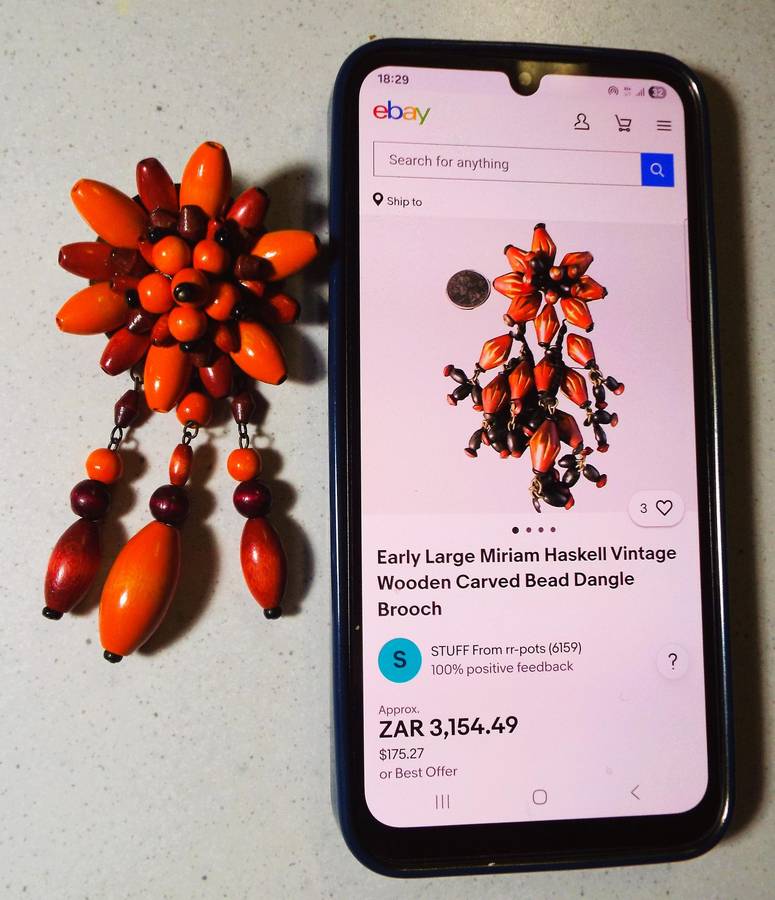 Large VINTAGE wood bead dangle brooch