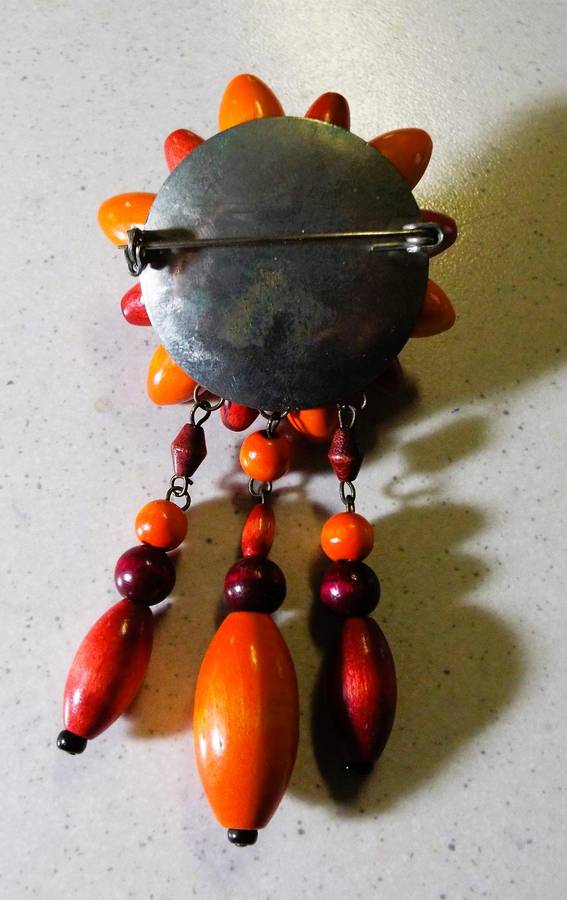 Large VINTAGE wood bead dangle brooch