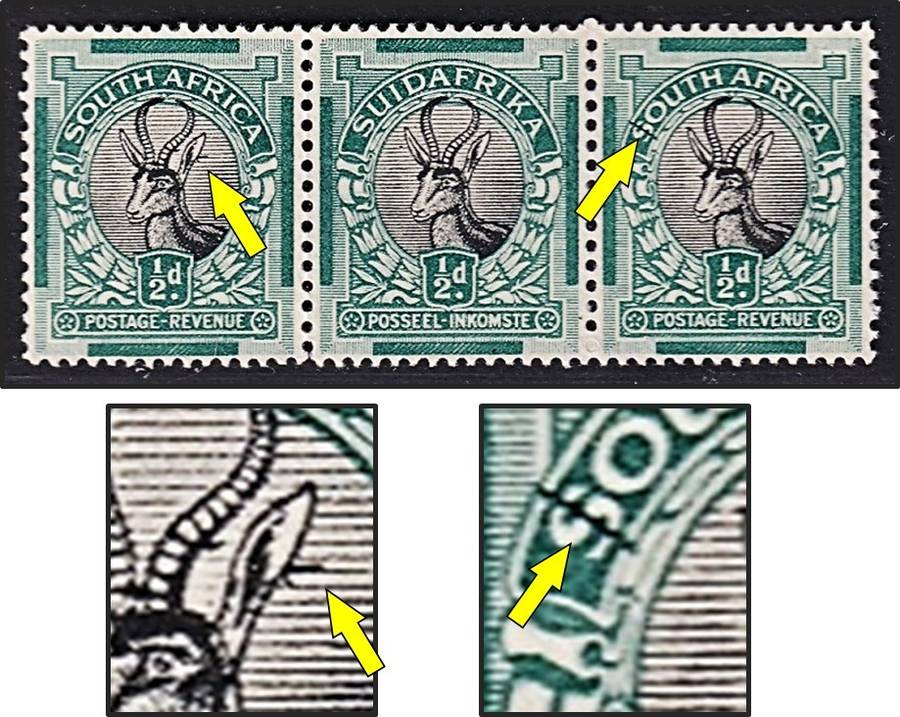 1930 Union ½d ROTO UMM(**) Varieties CC.42h & 42i on one Strip  - Tagged Ear & $-Sign
