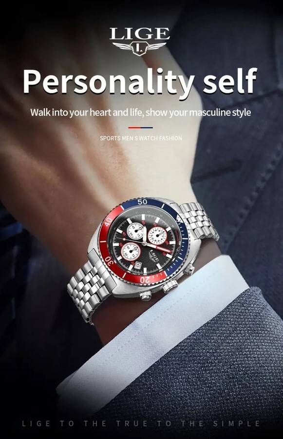 LIGE "Pepsi" Styled Quartz Chronograph Multifunction Men's Watch